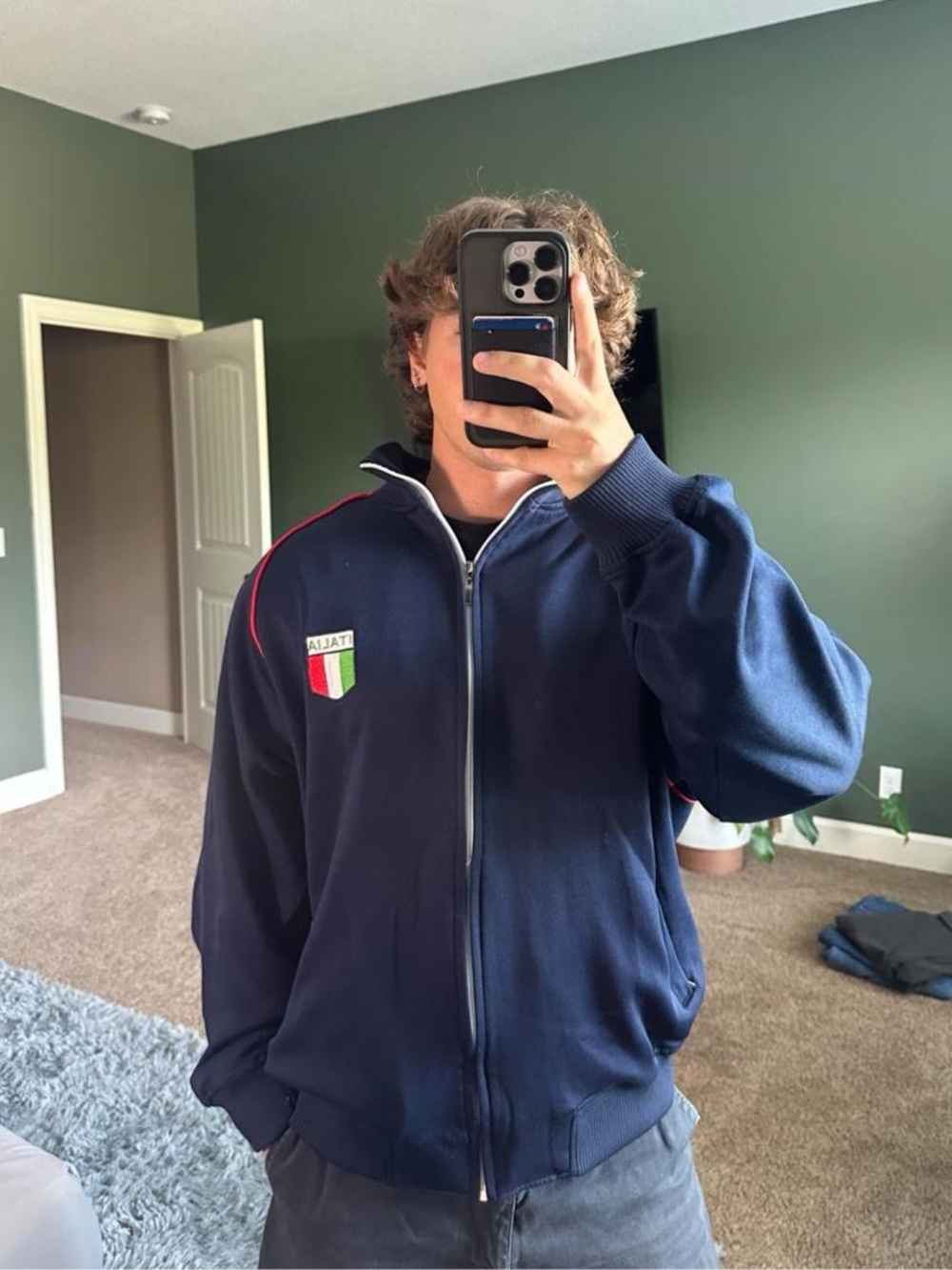 Italina Men's Zip-Up Sweater in Navy with Red Accents